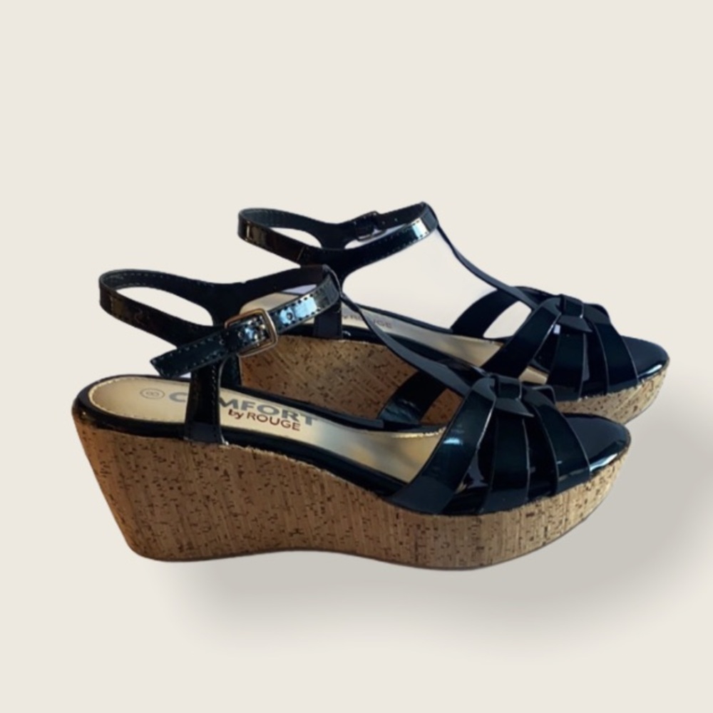🆕 Black Patent Cork Wedged Strappy Patform Heels !!!